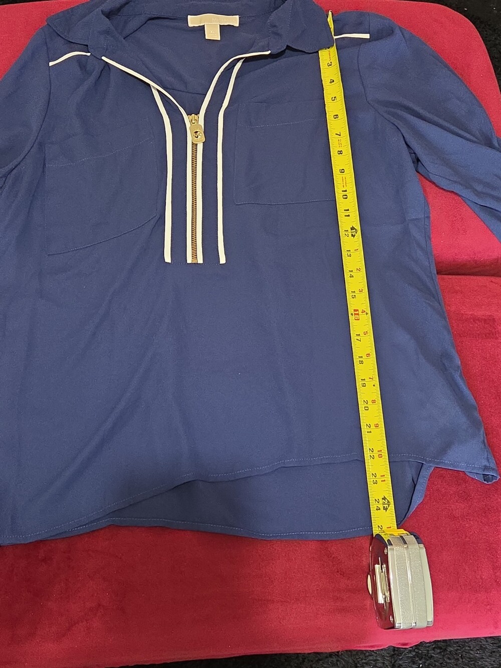 Michael Kors Blouse XL Navy Blue Zip Front Roll Tab Sleeve Shirt Gently Used - Picture 6 of 16